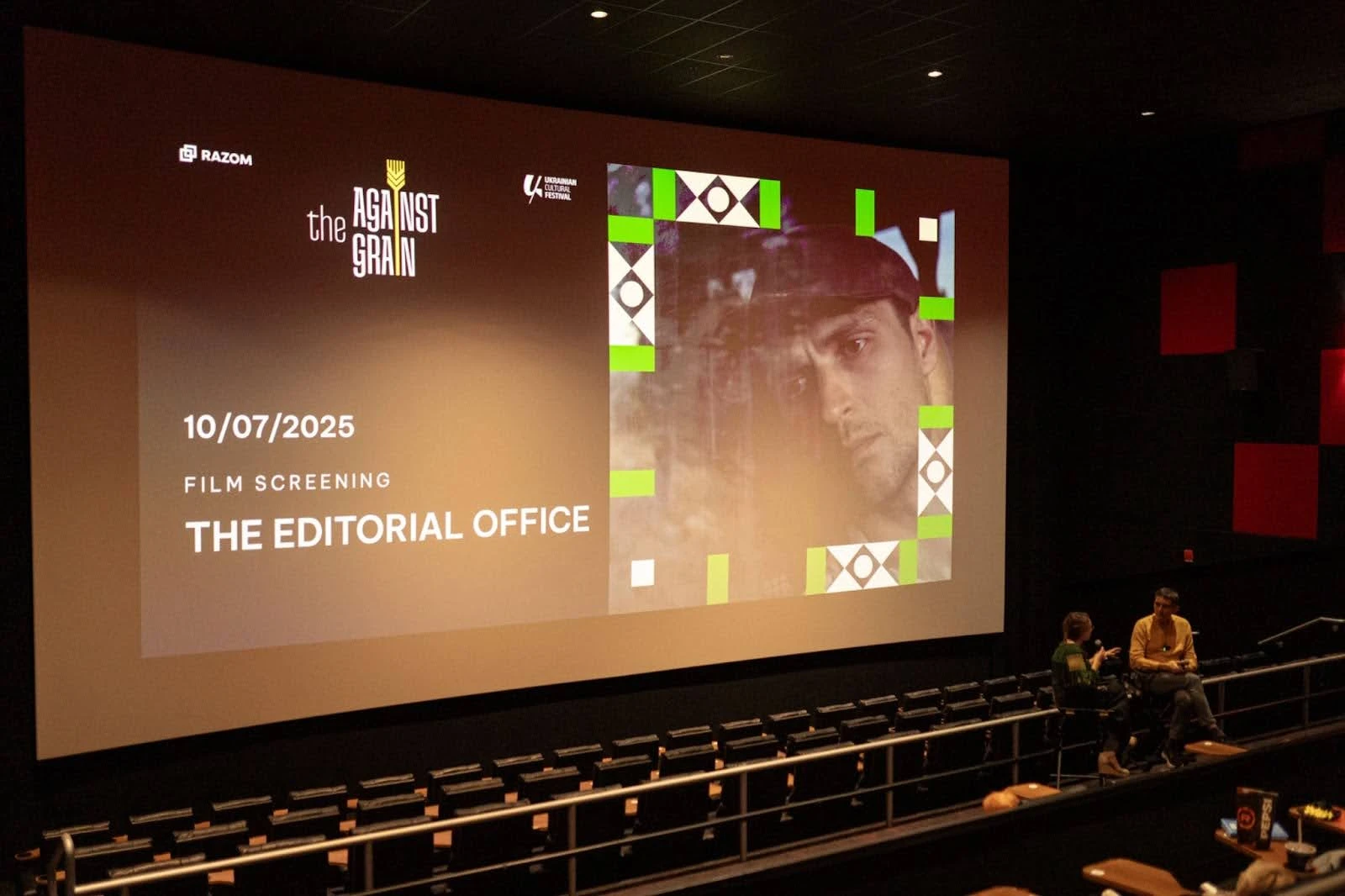 Journalist Kateryna Lisunova moderates a conversation with movie director Roman Bondarchuk