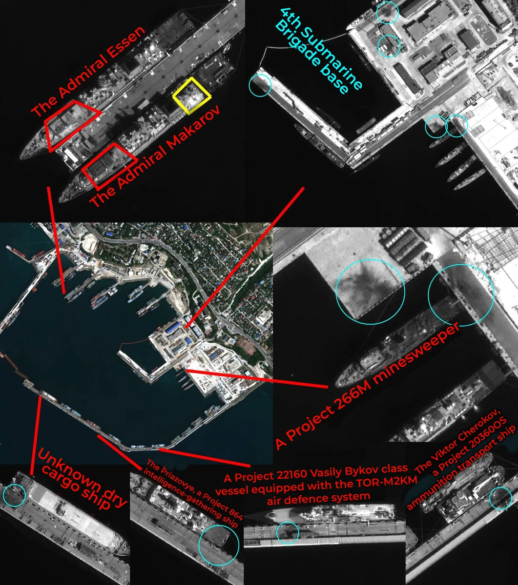 Ship types are labelled in red; blue circles mark recorded signs of damage and fires. The central image provides an overview of the water area, with each position marked