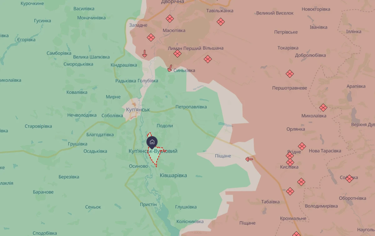 на мапі DeepState чітко видно, що Куп'янськ-Вузловий далеко навіть від сірої зони