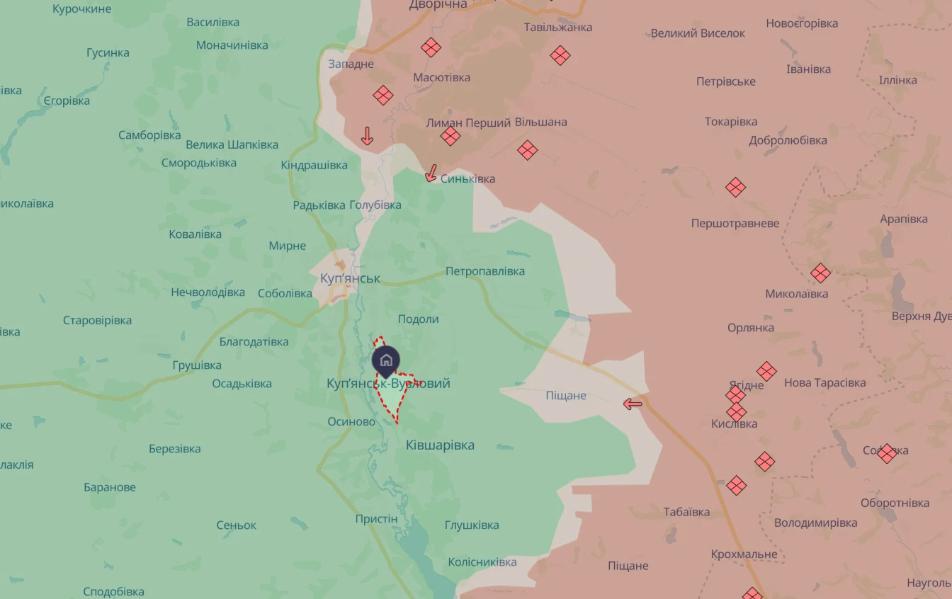 на карте DeepState четко видно, что Купянск-Узловой далеко даже от серой зоны