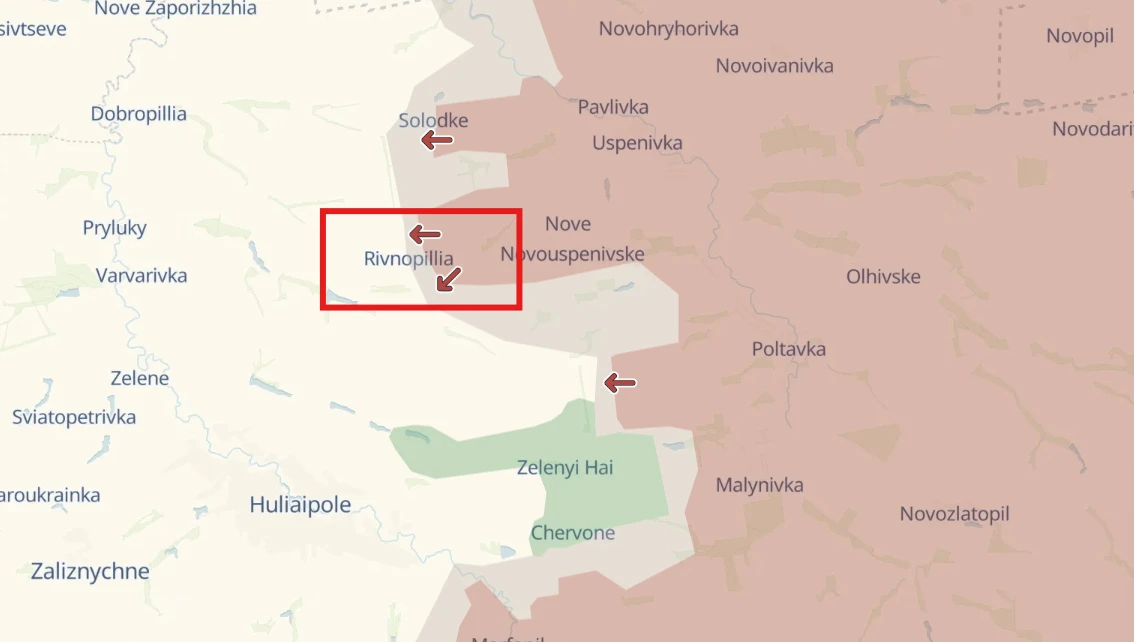 Rivnopillia on the map. The territories in red are occupied by Russia