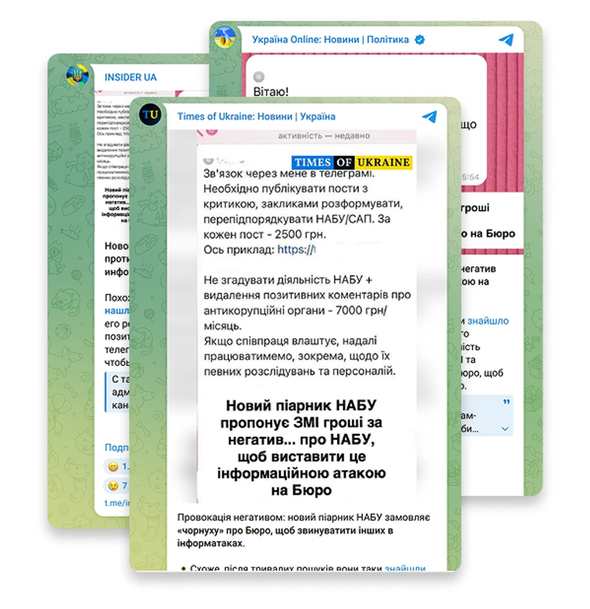 Сообщение с почти одинаковым текстом Новый пиарщик НАБУ предлагает СМИ деньги за негатив... о НАБУ вышли в нескольких каналах-миллионниках