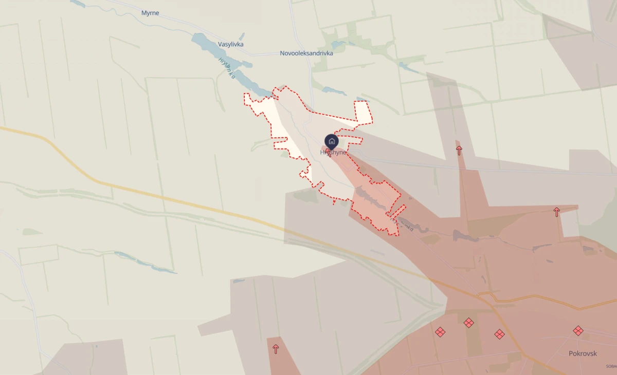 The village of Hryshyne on the map.