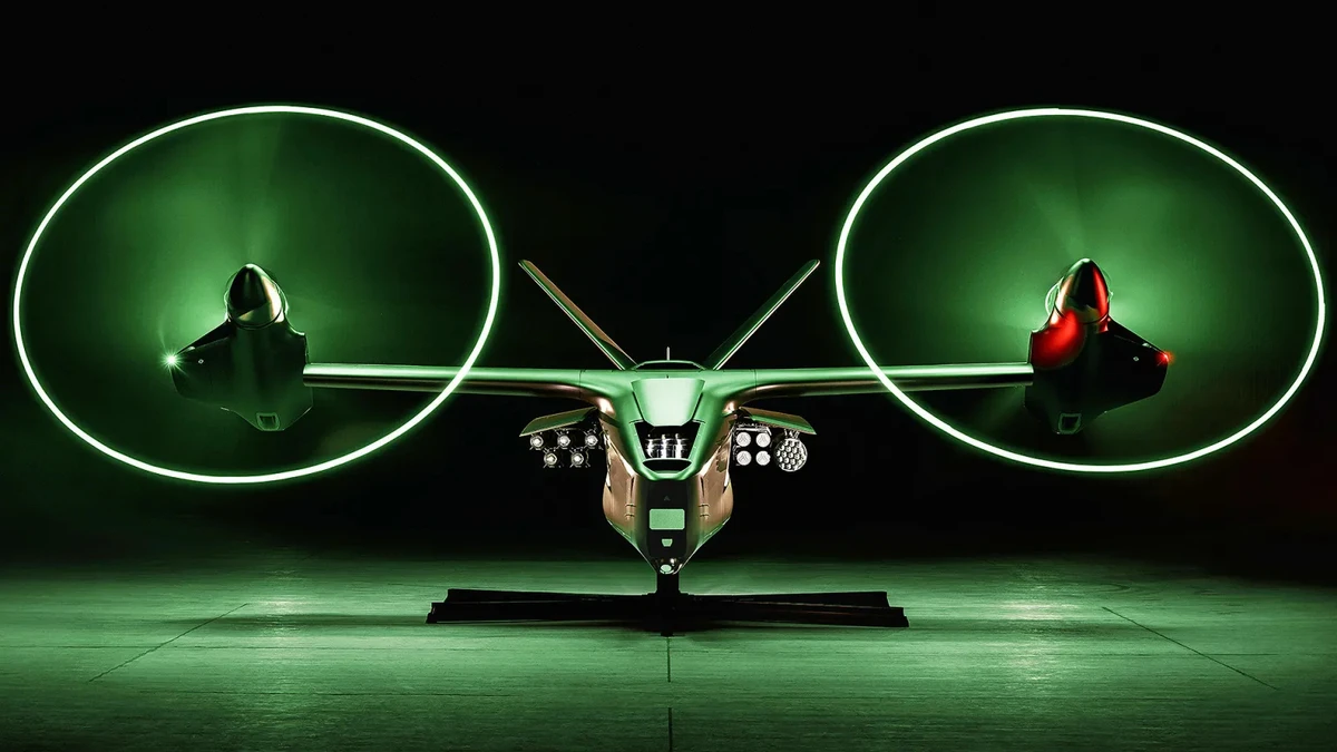 A mock-up of Anduril's Thunder rotary-wing drone