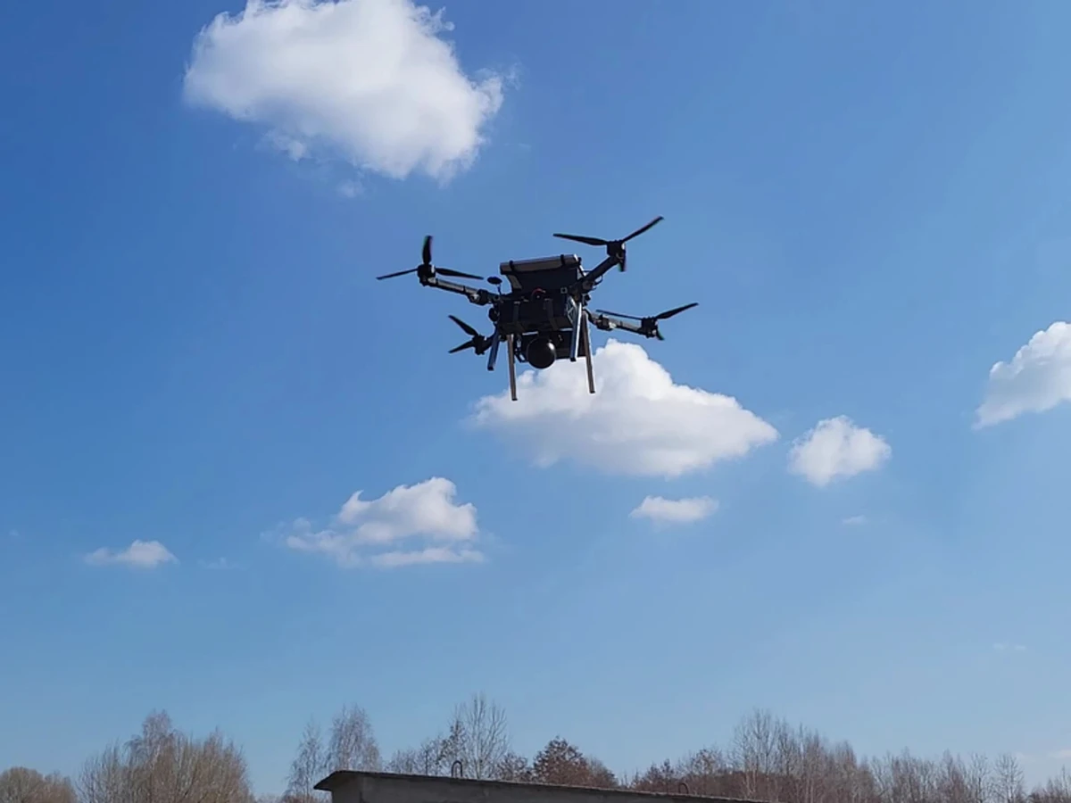 The Ratel R1 drone in the air