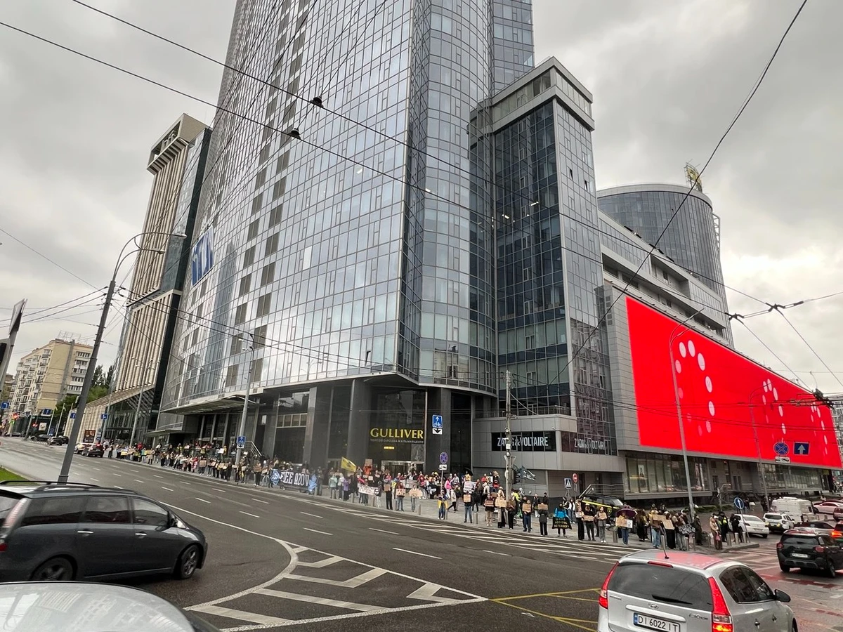 Невелика група людей стоїть з плакатами вздовж бульвару Лесі Українки. Надворі хмарно, подеколи йде дощ