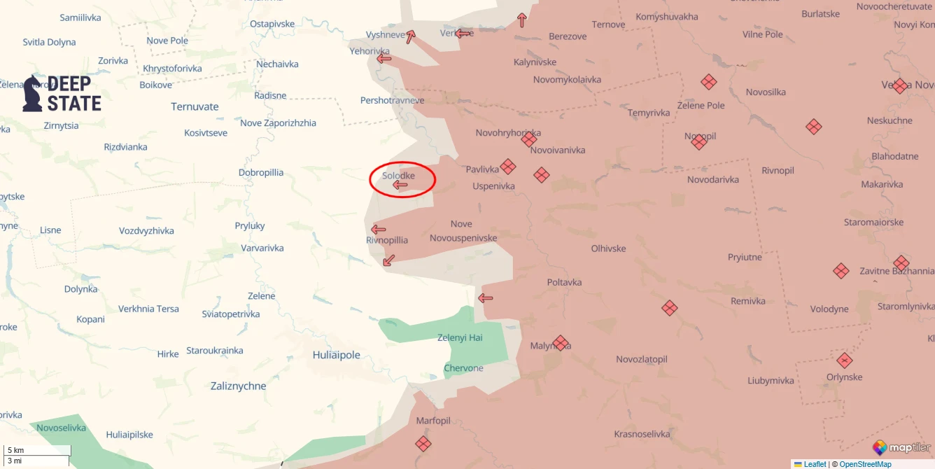 Solodke on the map as of 12 November. The territories in red are occupied by Russia.