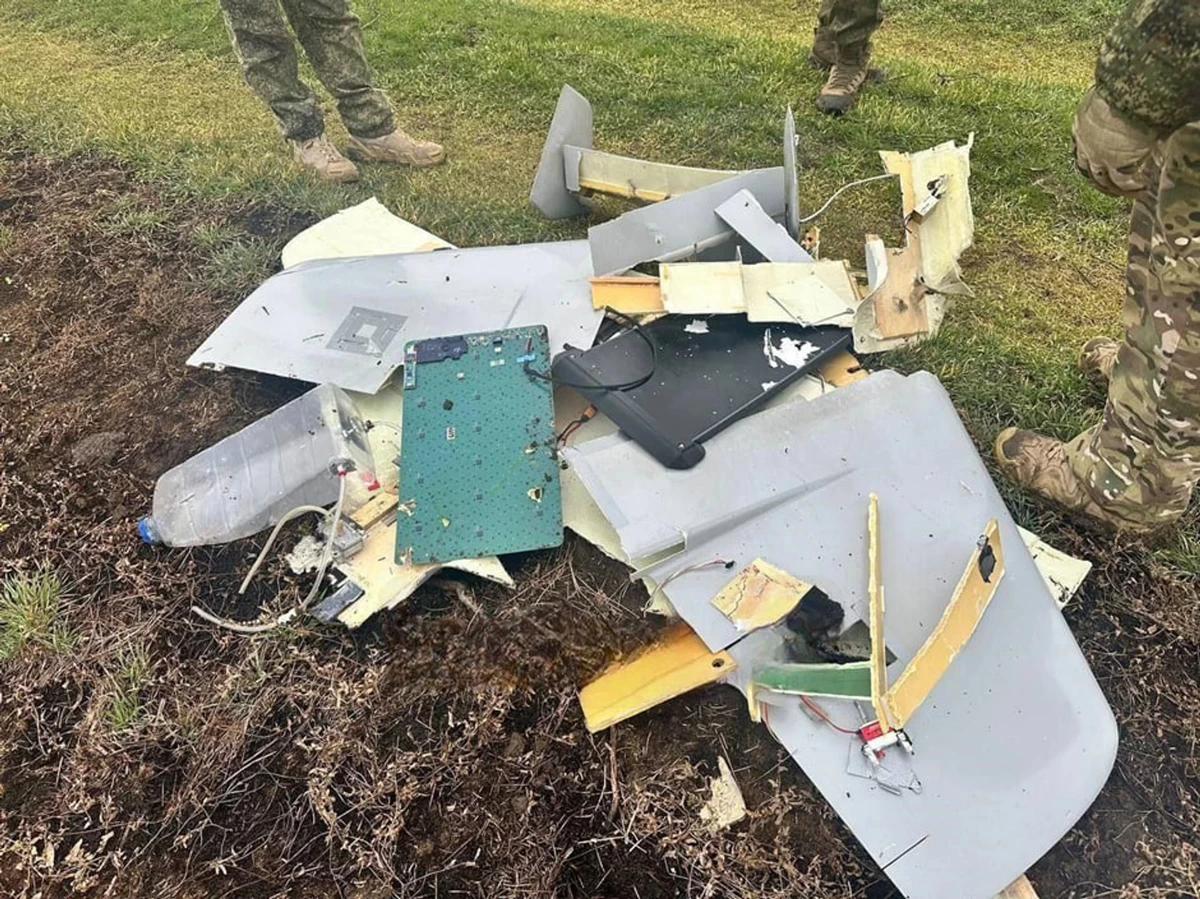 A destroyed Khaki-20 drone, with a Starlink terminal visible in the debris