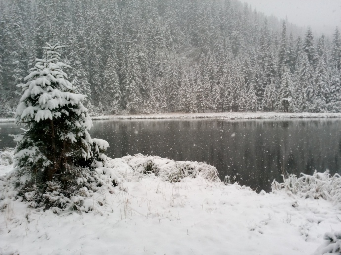 сніг випав і біля озера марічейка біля Чорногори 