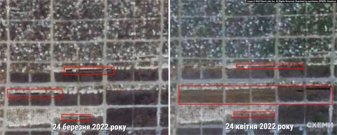Порівняння супутникових знімків цвинтаря в Старому Криму від 24 березня (ліворуч) і 24 квітня (праворуч)