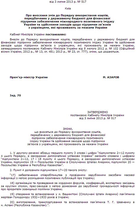 Постановление Кабмина относительно позитивных публикаций об Украине за границей 