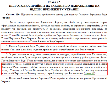 Чинний закон про Регламент ВР, стаття 130