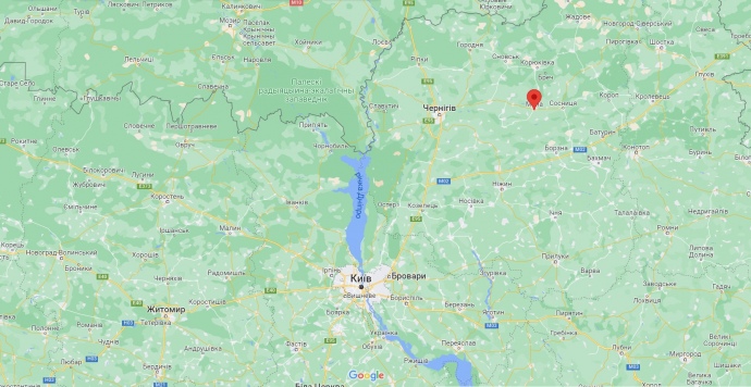 Червоним значком позначено менський напрямок на Чернігівщині відносно Чернігова, Києва та держкордону з Білоруссю й Росією