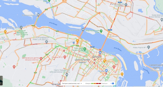 Ступінь заторів у Дніпрі станом на 21:20 28 грудня
