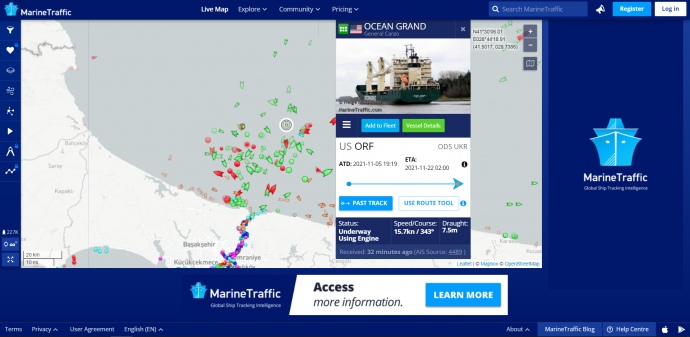 Карта, на которой указано месторасположение судна
