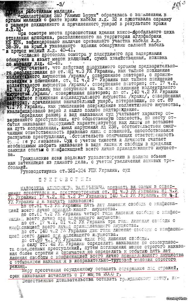 Рішення Керченського міського суду щодо вироку для Малофеєва