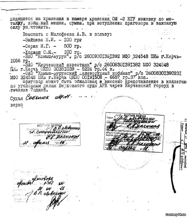 Решение Керченского горсуда по делу Малофеева