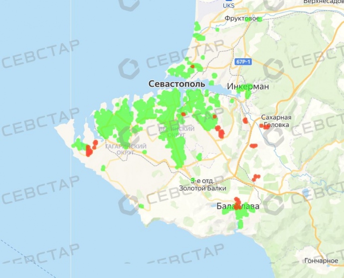 Райони, в яких зникло світло, виділені червоним