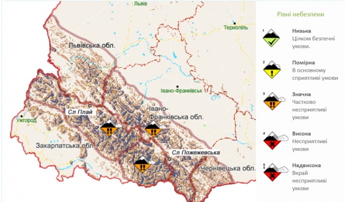 Карта, на которой отмечены места значительной опасности схождения снеговых лавин