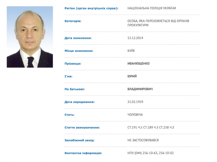 Профиль Иванющенко в базе розыска МВД