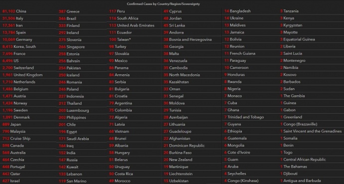 Распространение Covid-19 в мире по состоянию на 18 марта 2020 года