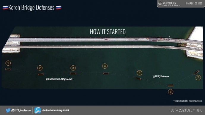 Баржі біля Керченського мосту 04.10.2023