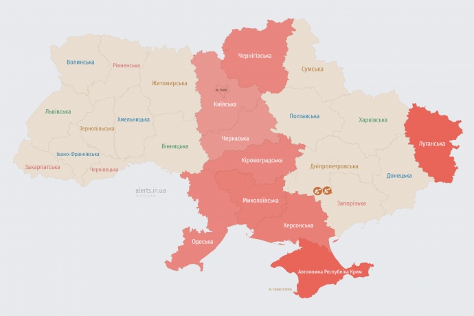 Карта alerts.in.ua в 00.40