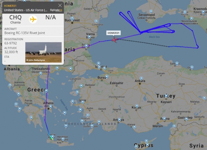 Маршрут полета разведывательного самолета ВВС США RC-135V 16 февраля
