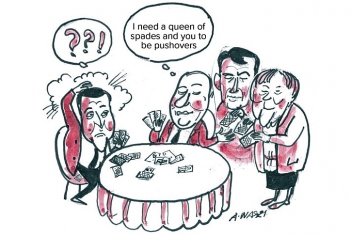 Карикатура Василенка на саміт Нормандської четвірки в Парижі 9 грудня 2019 року, де Макрон і Меркель позаду Путіна допомагають