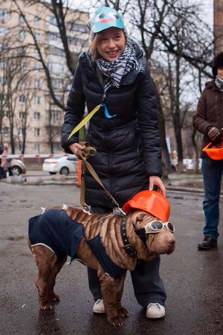 Ірена Карпа прийшла на акцію з собакою Кармою, яка теж була вдягнена не за законом:  в окулярах та касці. 