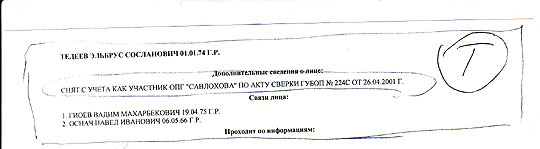 Довідка УБОЗ про зняття Тедеєва з обліку у 2001 році